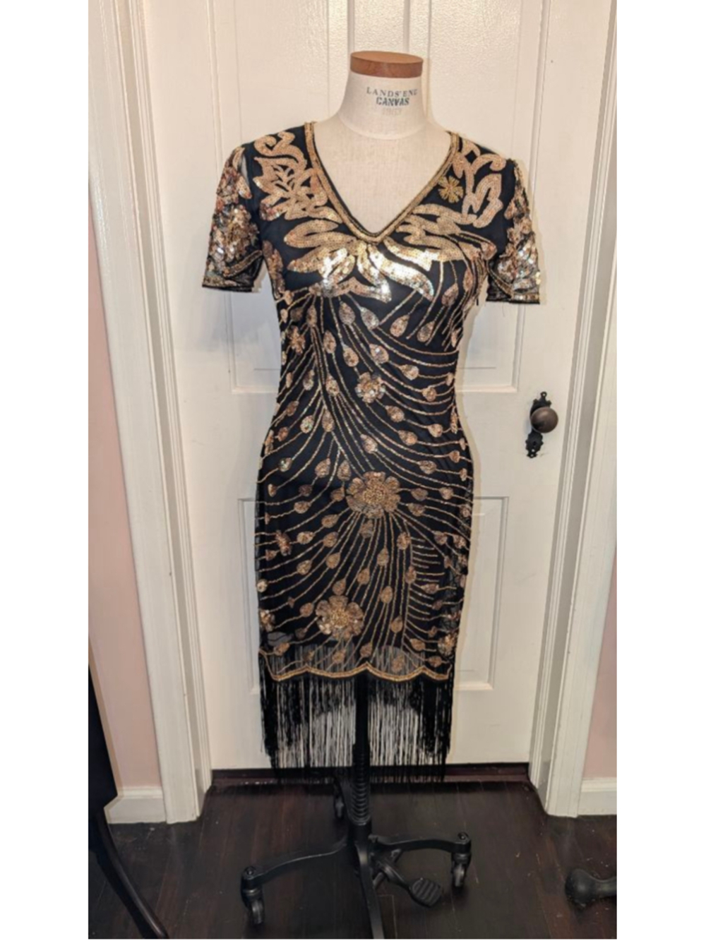 Women's Yessa Black & Gold Sequin Fringe Flapper Dress S